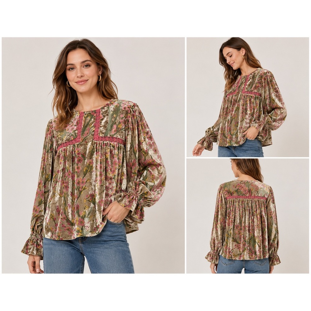 Let Me Be Velcra Velvet Blouse Sage Pink Floral Crochet Ruffle Boho Top Large